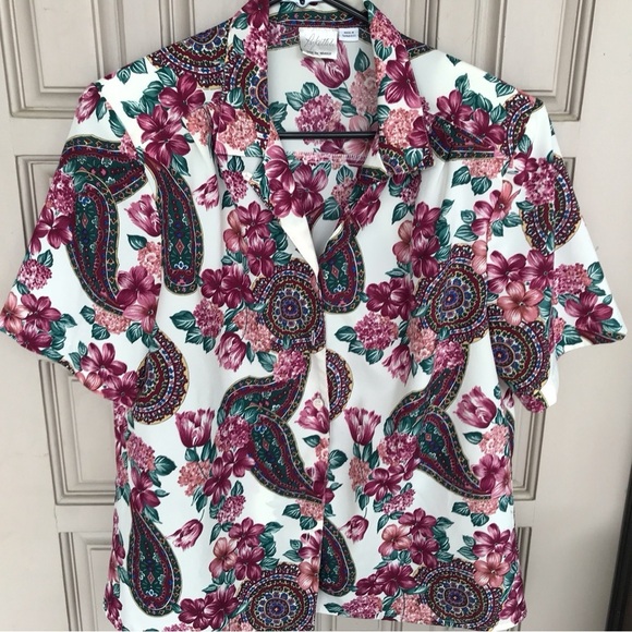Pykettes Retro Blouse Maroon Paisley/Floral SzL Collar Short Sleeves MachineWash - Picture 1 of 6